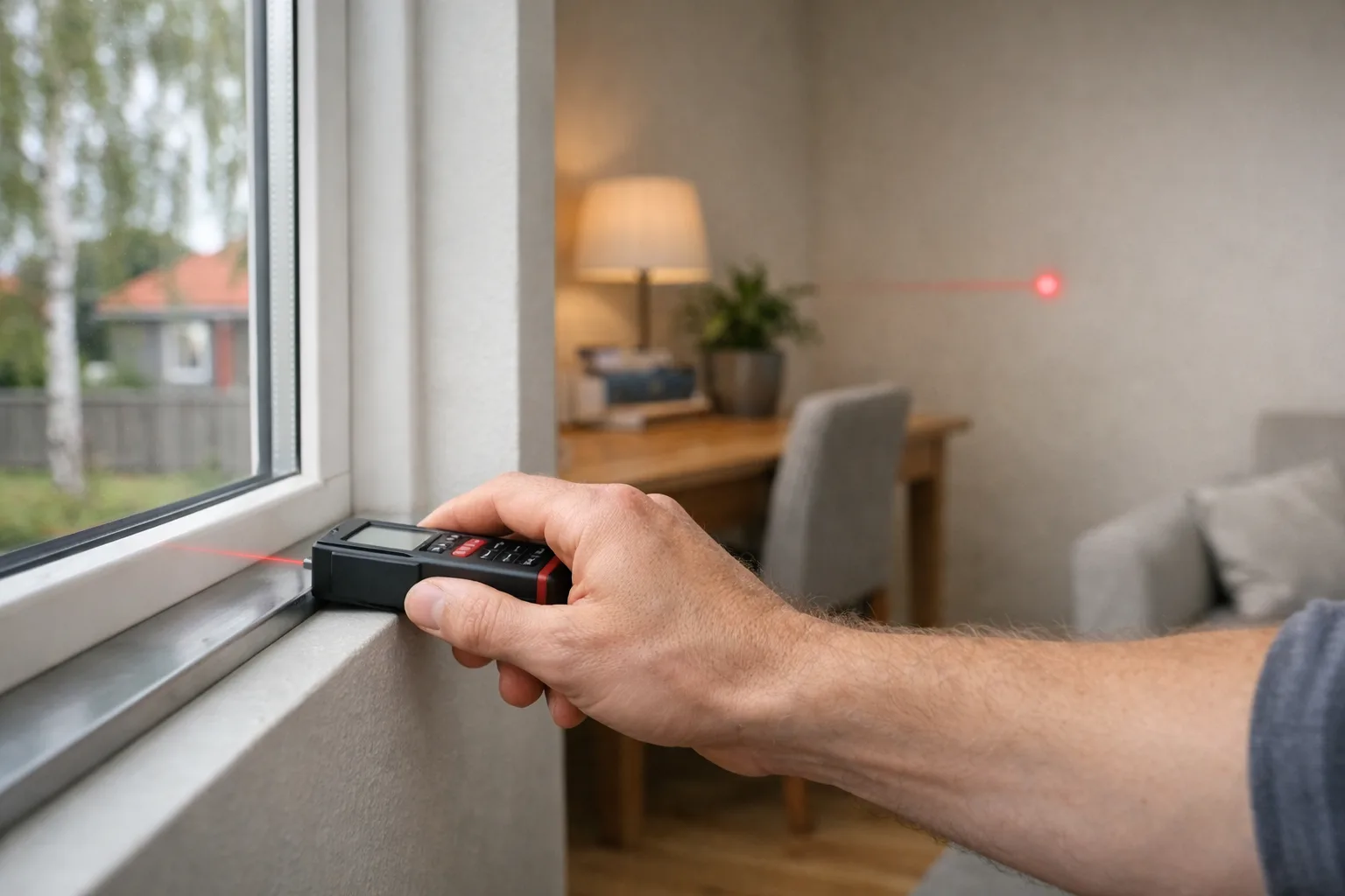 Hand som använder en laseravståndsmätare.