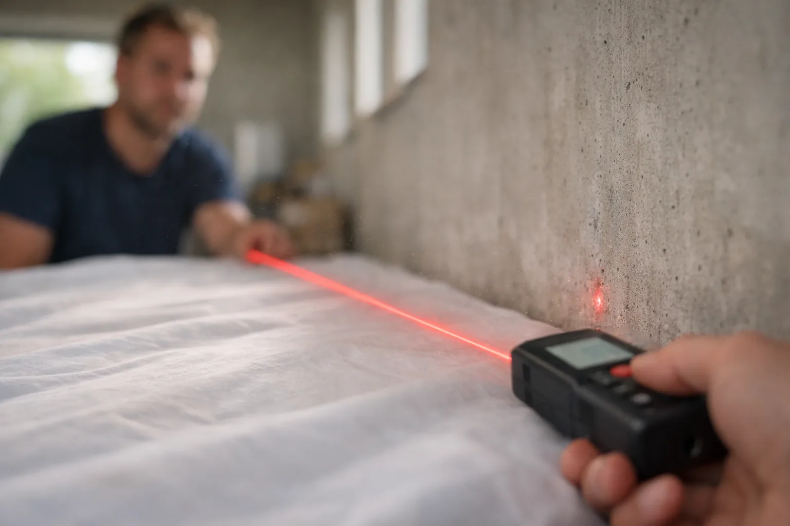 Röd laserstråle mot en vägg.