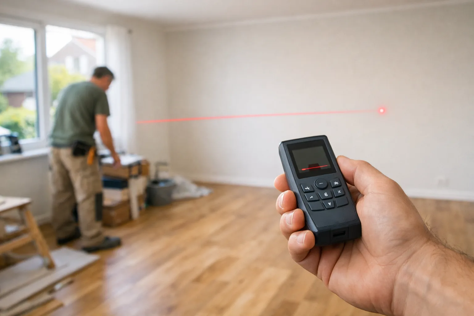 Hand som mäter ett rum med en laseravståndsmätare.