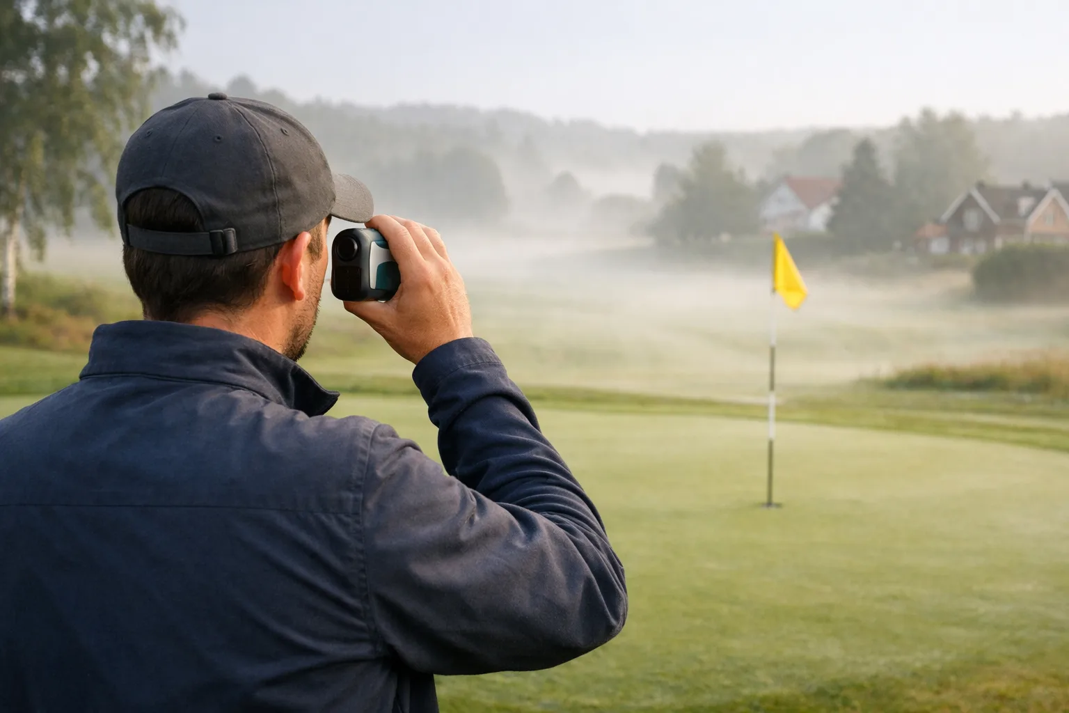 Golfspelare som mäter avstånd till flaggan.