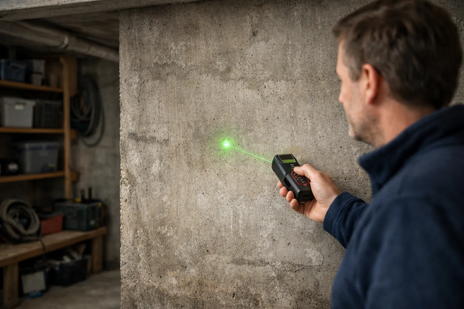 Grön laserpunkt på en betongvägg.