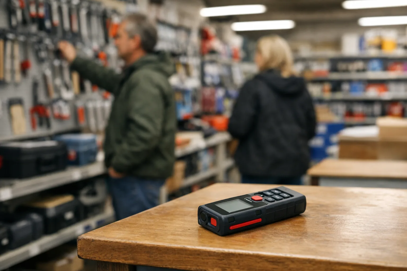 Laseravståndsmätare på en butiksdisk.